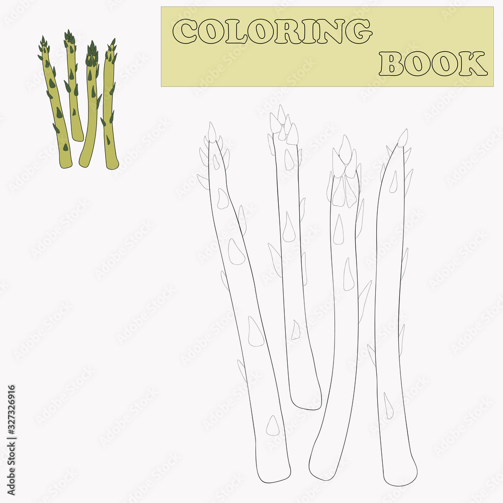 Coloring book or page cartoon of asparagus for kids. Cute colorful veggies as an example for