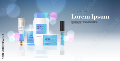 set of cosmetic or perfume containers bottles facial beauty spa products natural cosmetology skincare packaging branding skin treatment concept horizontal copy space vector illustration