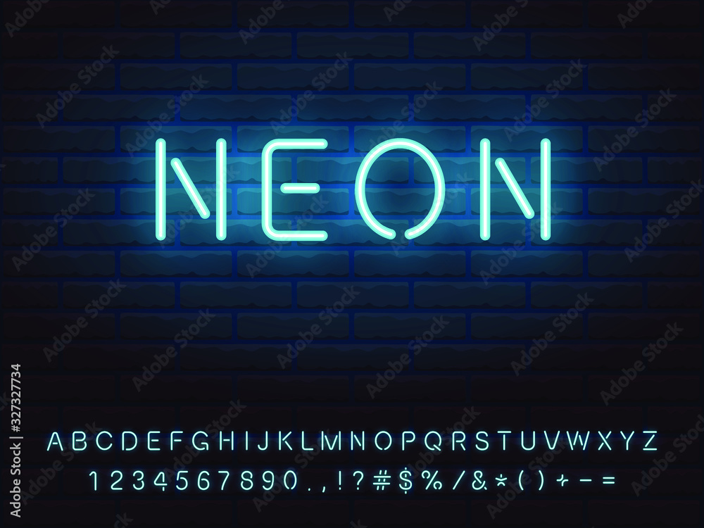Set of bold light blue neon font. Letters, numerals, signs, icons with transparent glow for web design and advertising Set of bold light blue neon font. Letters, numerals, signs, icons with transparent glow for web design and advertising