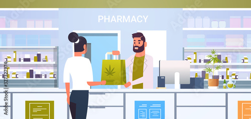 male doctor pharmacist giving medical cannabis package to female client at pharmacy counter modern drugstore interior medicine healthcare concept horizontal portrait vector illustration