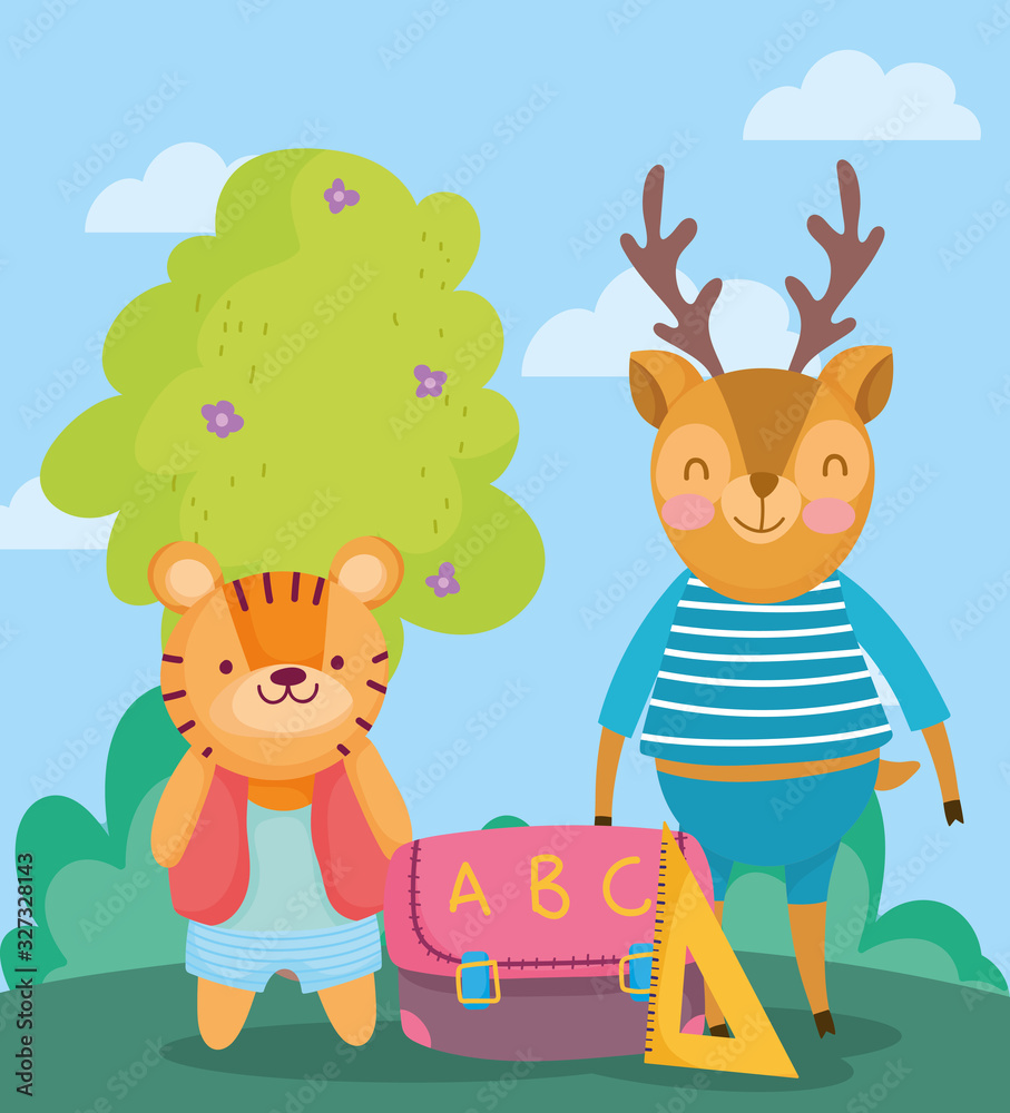 Fototapeta premium back to school, tiger and deer bag ruler supplies outdoor