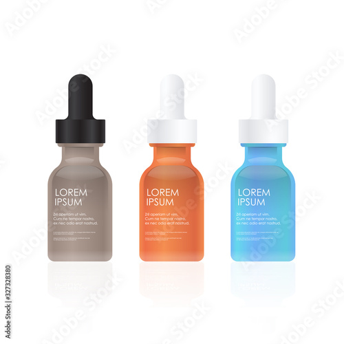 set colorful plastic bottles with dropper cosmetic oil liquid essential collagen serum realistic packages collection beauty spa products natural cosmetology packaging branding concept vector