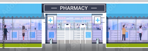 people buying medical products modern drugstore front view pharmacy store building exterior medicine healthcare concept horizontal full length vector illustration