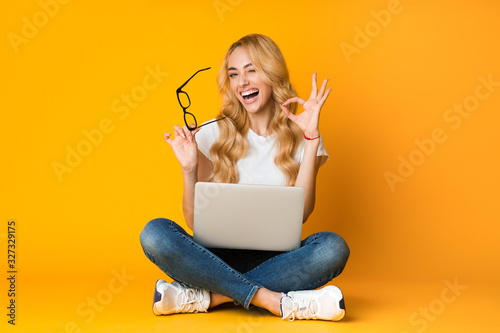 Canvas Print It's okay. Overjoyed woman showing ok sign, sitting with laptop