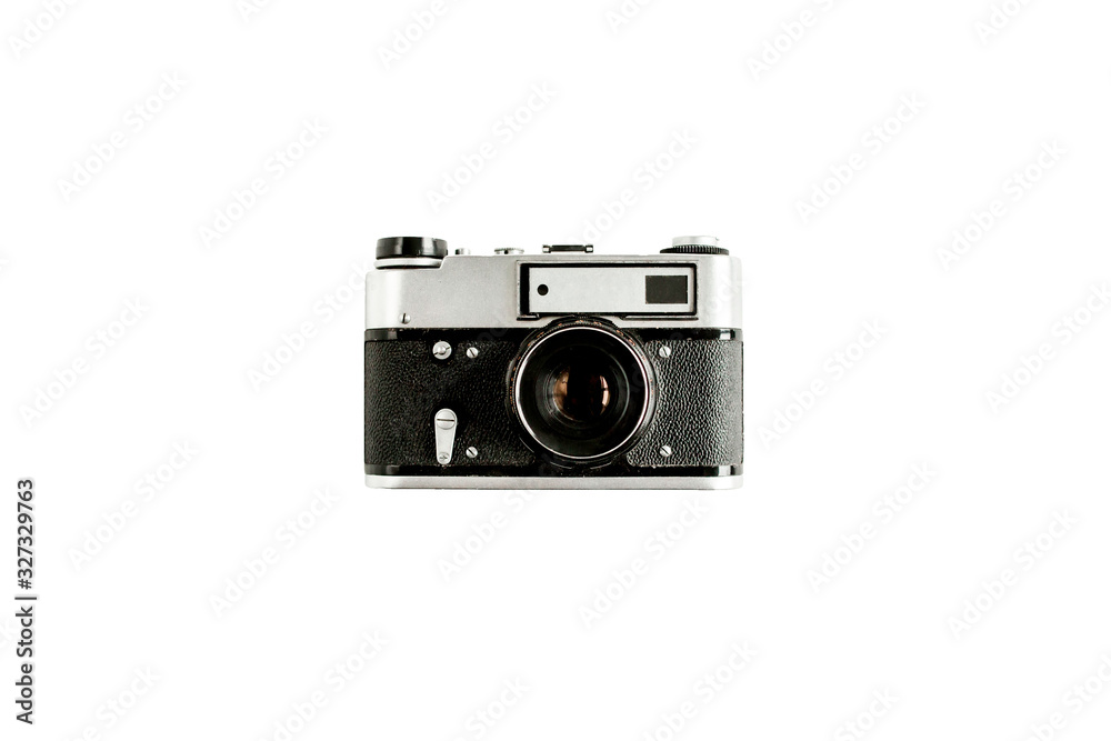 Retro camera isolated on white background.  Flat lay, top view.