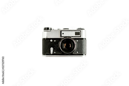 Retro camera isolated on white background. Flat lay, top view.