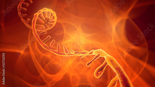 Glowing RNA molecule on orange background. SARS-CoV-2 coronavirus. 3D Rendering photo