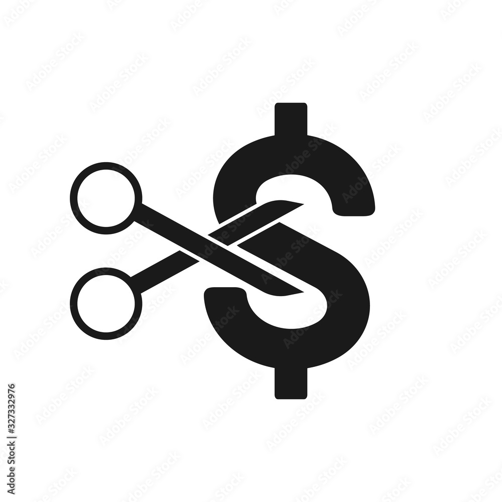 Price or cost reducing icon concept. Scissor cutting money. Vector illustration
