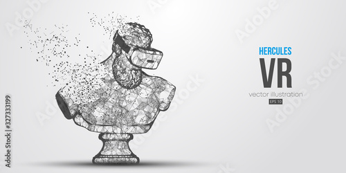 VR headset holographic low poly wireframe banner. Abstract silhouette of the polygonal statue of Hercules, man wearing virtual reality glasses. VR games. Particles, lines on white background, vector