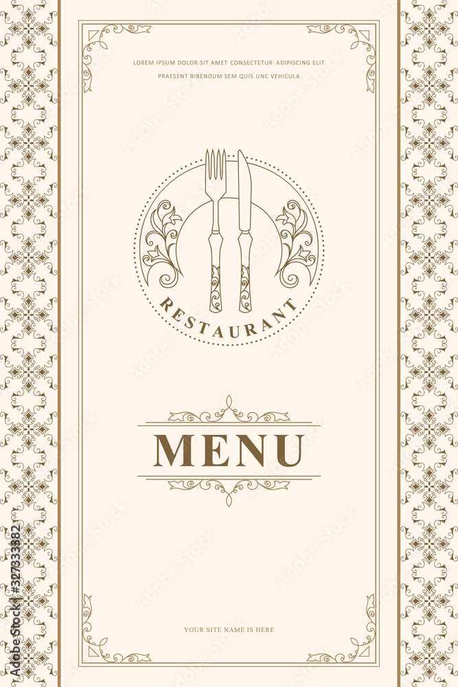 Luxury Restaurant Menu Logo Template. Cutlery Contour. Elegant Drawn Emblem. Floral Ornament. Creative Monogram with Inscription. Brochure cooking Design for Cafe, Restaurant, Bar. Vector illustration