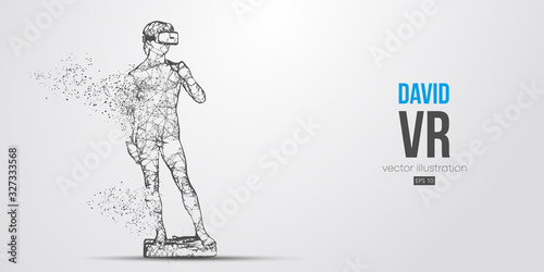 VR headset holographic low poly wireframe banner. Abstract silhouette of the polygonal statue of David, man wearing virtual reality glasses. VR games. Particles, lines on white background, vector