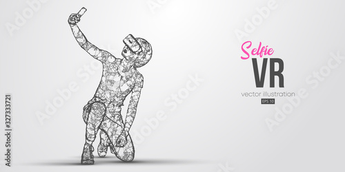 VR headset holographic low poly wireframe banner. Abstract silhouette of a woman, a girl in virtual reality glasses smiles and takes a selfie photo. VR games. Particles on white background, vector