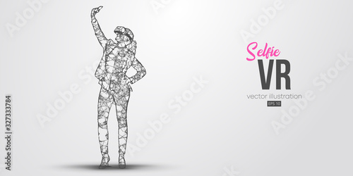 VR headset holographic low poly wireframe banner. Abstract silhouette of a woman, a girl in virtual reality glasses smiles and takes a selfie photo. VR games. Particles on white background, vector