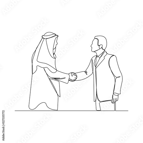 Fotografie, Tablou Continuous line drawing of arab man shaking hands with  businessman vector illustration