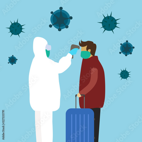 Airport officer measuring the temperature of a man in medical mask with medical digital infrared thermometer. Coronavirus epidemic outbreak. Covid-19 checkpoint concept vector illustration.