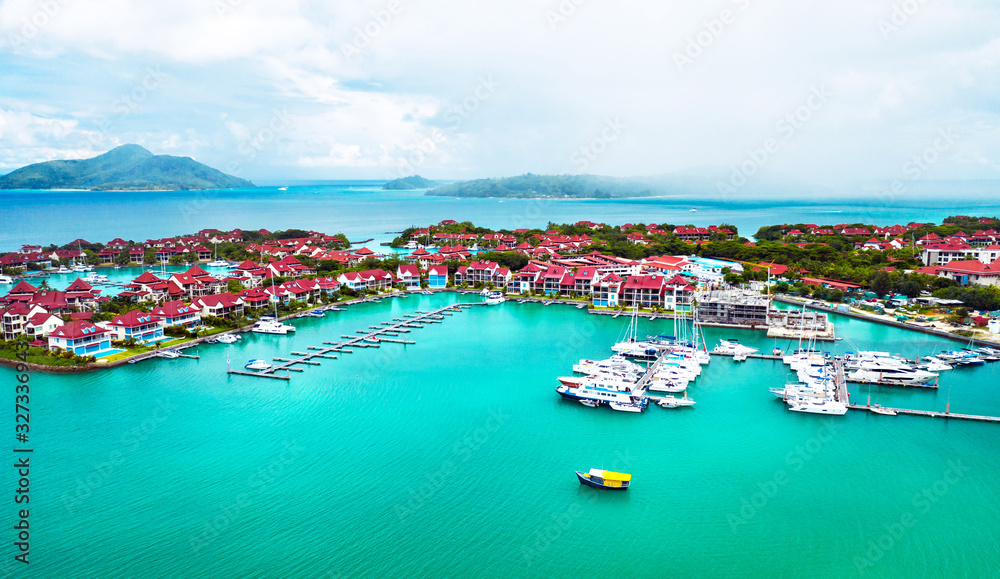 Aerial view of artificial luxury island in Seychelles.