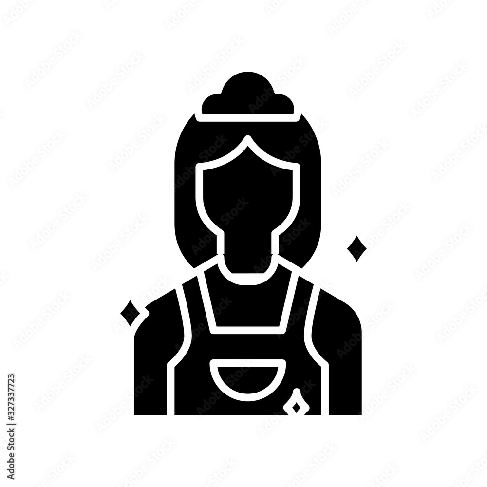 Cleaning woman black icon, concept illustration, vector flat symbol, glyph sign. Cleaning woman black icon, concept illustration, vector flat symbol, glyph sign.