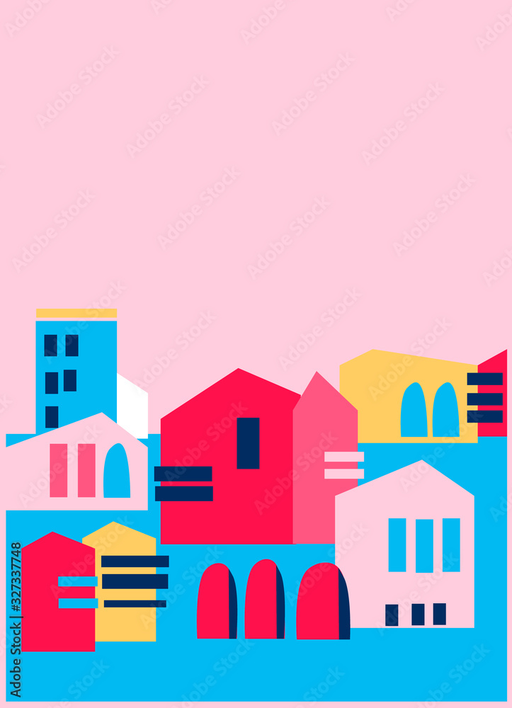Vertical background with abstract cityscape on the pink. Perfect for advertisement. Morning in the city concept. Summer concept