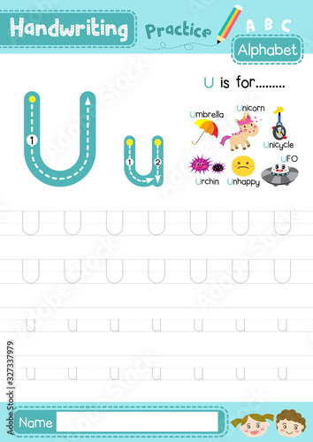 Letter U uppercase and lowercase tracing practice worksheet A4