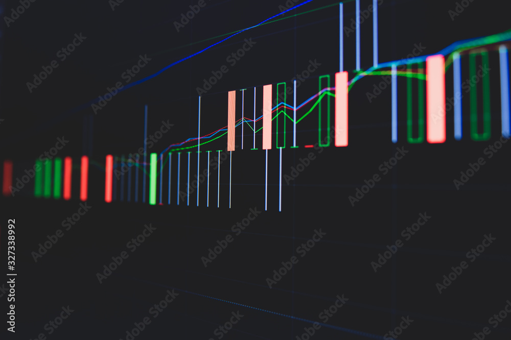 Fototapeta premium Stock market trading graph and candlestick chart on screen for businese financial investment concept. Economy trends background. Abstract finance and invest background.