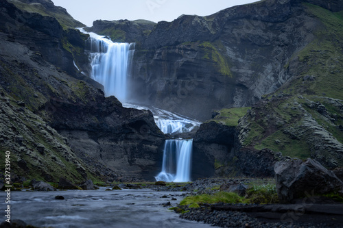 Two-tiered waterfall Ofaerufoss in the Eldgja canyon  in the central Iceland