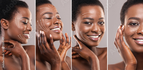 Beauty concept. Young African American woman with beautiful skin after face lifting or plastic surgery, collage photo