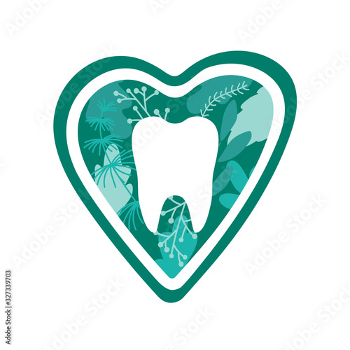 White healthy tooth, green leaves, herbs and heart. Flat style. Concept of oral hygiene and dental care. Vector illustration isolated on white background