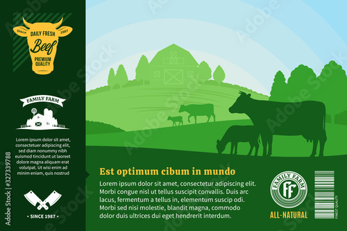Vector farm fresh beef illustration. Rural landscape with cows, calves and farm. Butcher shop or cattle farming packaging and advertising design elements