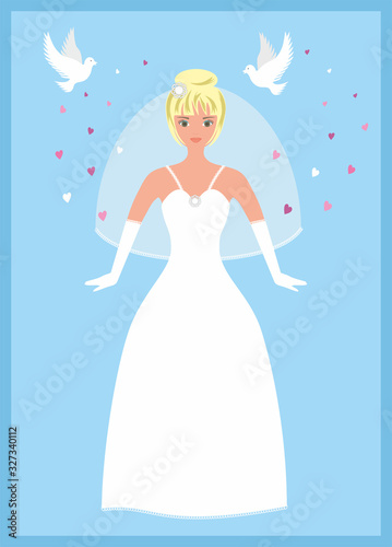 Vector illustration, Bride with blond hair with pigeons and hearts.
