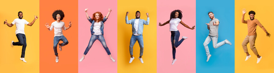 Collage of cheerful jumping multinational people in air on color background, panorama