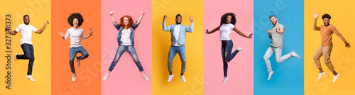 Collage of cheerful jumping multinational people in air on color background, panorama