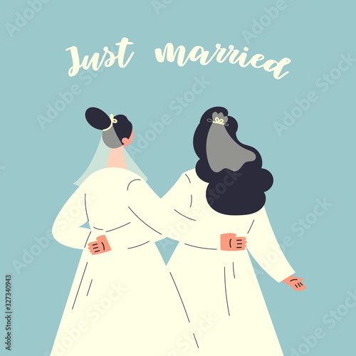 Happy wedding lesbian homosexual couple. Two brides isolated on blu background.Just married.Poster.Colorful flat cartoon vector illustrations.