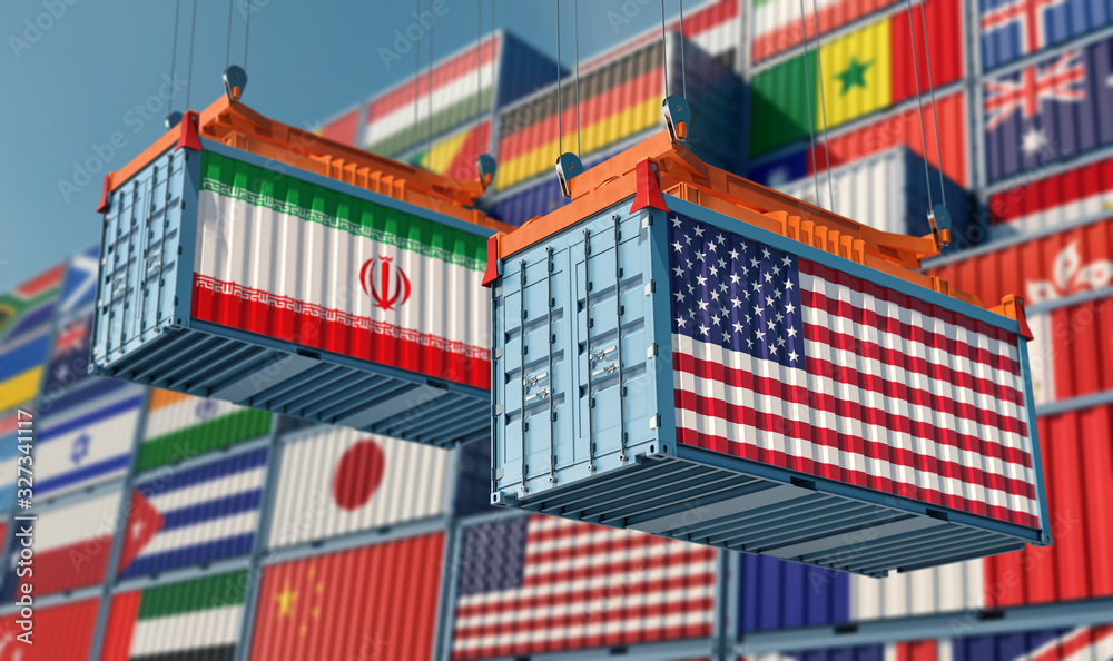 Shipping containers with Iran and USA flag. 3D Rendering 