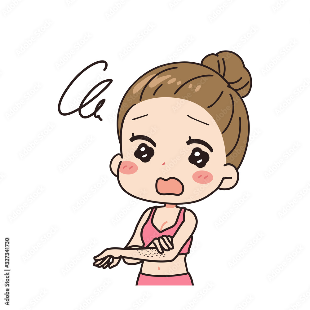 Oblique illustration of a woman worried about wasted hair on her arms, upper body. Oblique illustration of a woman worried about wasted hair on her arms, upper body.