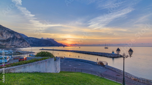 Sunrise view of sea and landscape timelapse from Beaulieu sur mer, France.