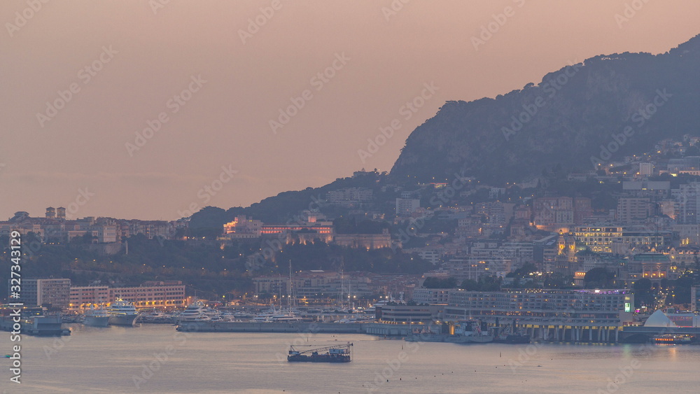 Cityscape of Monte Carlo day to night timelapse, Monaco after summer sunset.