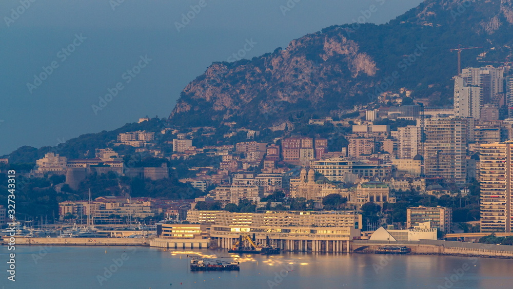 Cityscape of Monte Carlo with morning light timelapse, Monaco at summer sunrise.