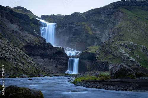 Two-tiered waterfall Ofaerufoss in the Eldgja canyon  in the central Iceland