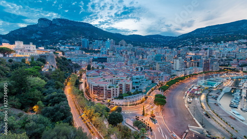 Panorama of Monte Carlo day to night timelapse from the observation deck in the village of Monaco near Port Hercules photo