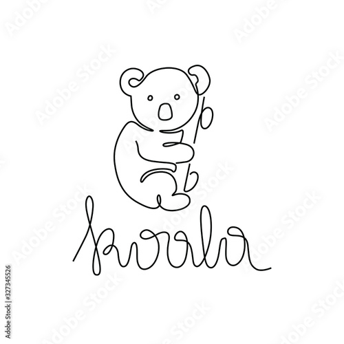 Cute koala animal, continuous line drawing, small tattoo, print for clothes and logo design, emblem or logo design, silhouette one single line on a white background, isolated vector illustration.