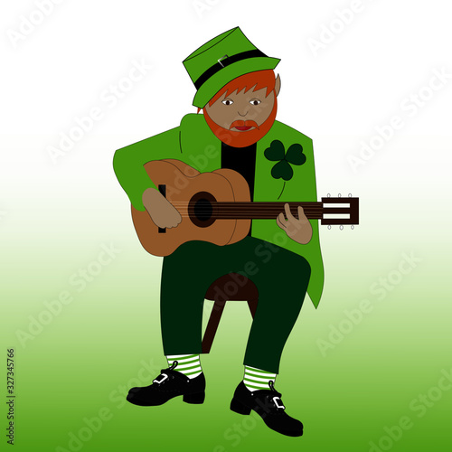 Cute leprechaun is playing guitar. St. Patrick's day greeting card.