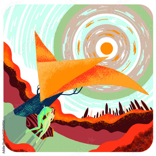 Conceptual illustration - values of modern world. Bible story - Adam and Eve under a tree holding a smartphone, in clear weather, minimalistic landscape