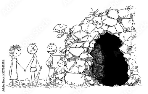 Vector cartoon stick figure drawing conceptual illustration of prehistoric man or caveman realtor or estate agent showing cave to young people.