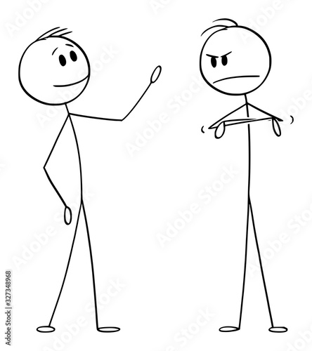 Vector cartoon stick figure drawing conceptual illustration of two men or businessmen talking or having conversation, one is positive and second is negative.