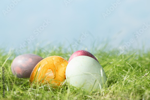 Easter eggs in spring grass with cloudy sky