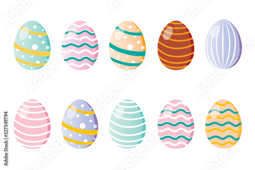 Happy Easter, Set of Easter eggs with different texture on white background. spring holiday.