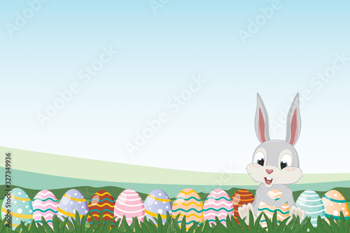 Happy Easter greeting background with cute white bunny and eggs. Welcome to spring season with rabbit - Animal holiday character.