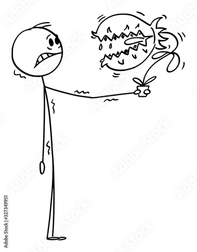 Vector cartoon stick figure drawing conceptual illustration of scared or frightened man holding dangerous carnivorous plant with mouth and teeth in flower pot.