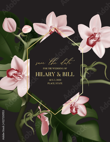 Dark orchis contrast dynamic art. Hand-drawn realistic plant, modern wedding card with gold typography. in vector. Florist wallpaper