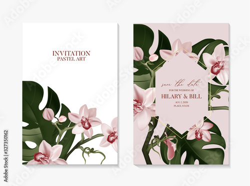 Orchid flowers and monstera leaves poster decor 2020. Graphic exotic tropical nature art in vector. Summer foliage wedding template in rose gold greenery colors